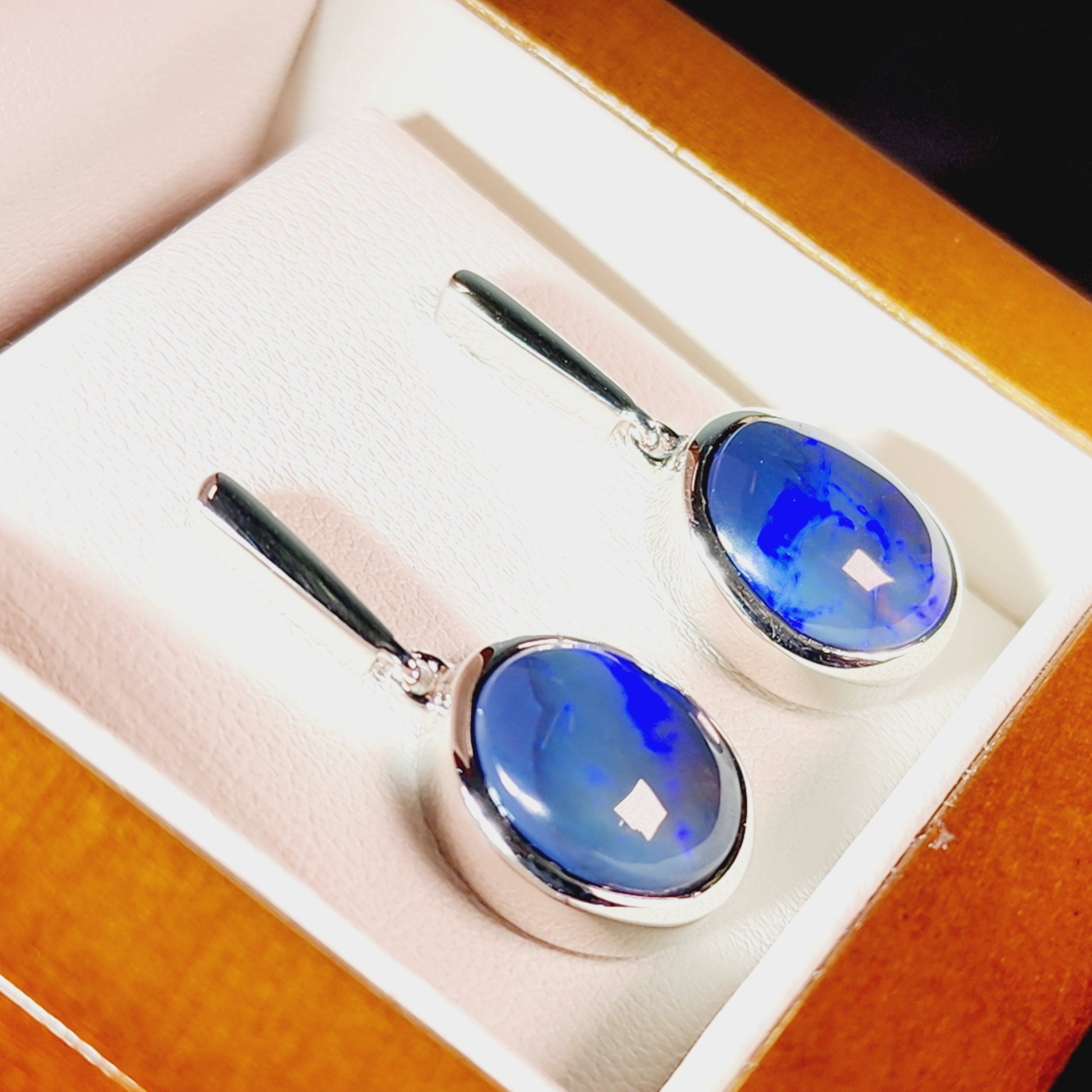 Black Opal Silver Earrings - Australian Opal Jewellery Online Store